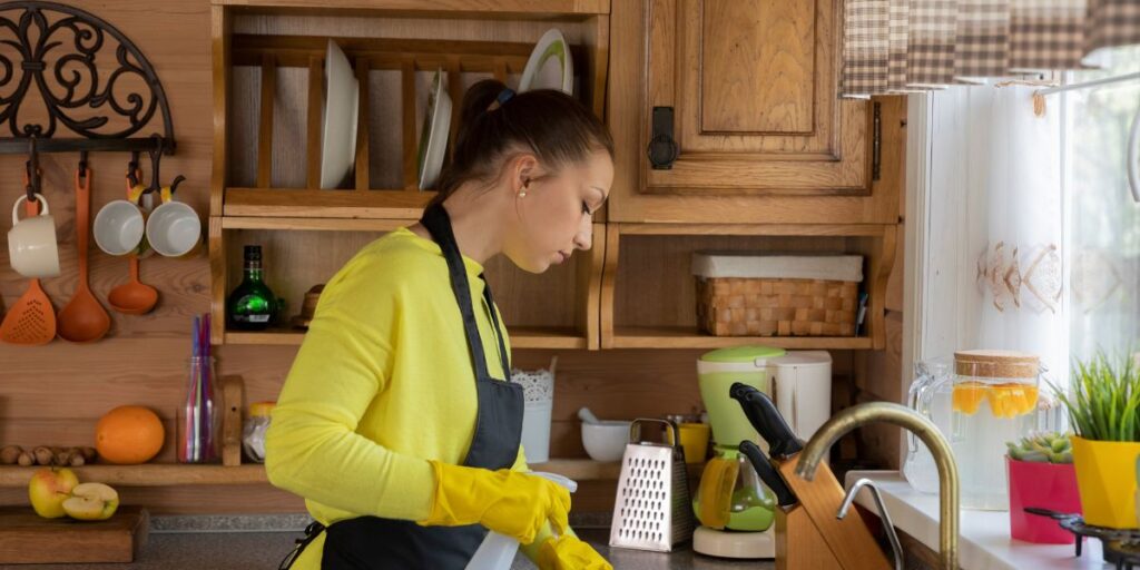 Main gantée passant un chiffon microfibre humide sur un plan de travail, seau et vaporisateur posés à côté