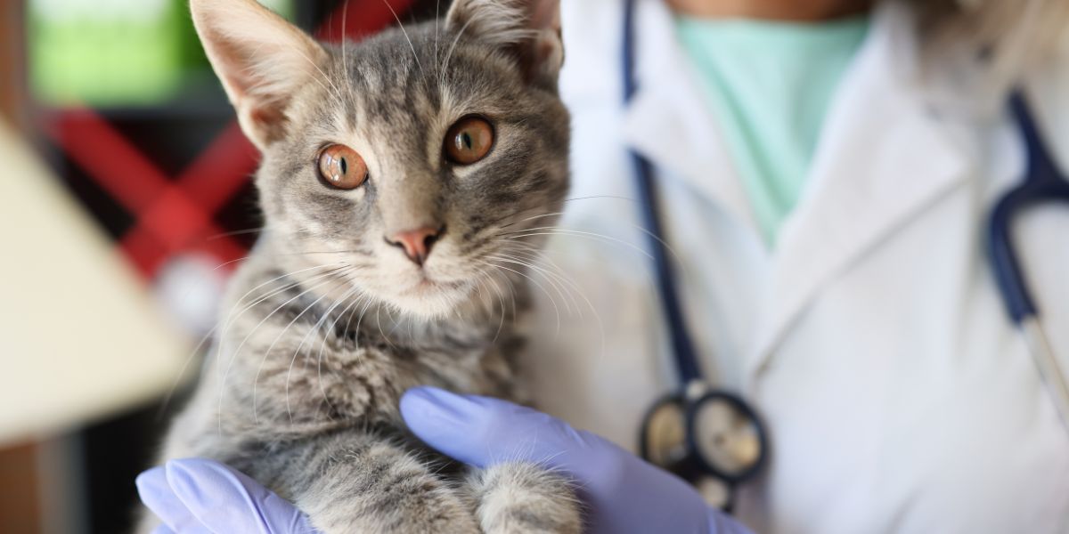Un animal allongé sur une table d’examen, la main d’un soignant posée sur son flanc