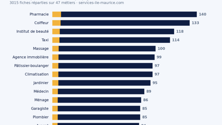 Graphique en barres du nombre de professionnels relevés par métier, les quatre métiers les moins fournis mis en évidence