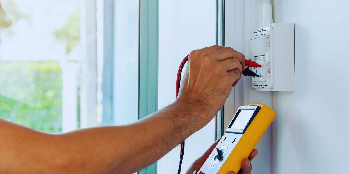 Mains d’un électricien qui serre un fil de cuivre sur un disjoncteur, à l’intérieur d’un tableau ouvert